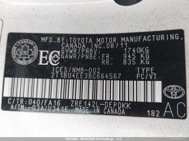 Продажа на аукционе авто 2011 Toyota Corolla Ce, vin: 2T1BU4EE3BC664567, номер лота: 12623404