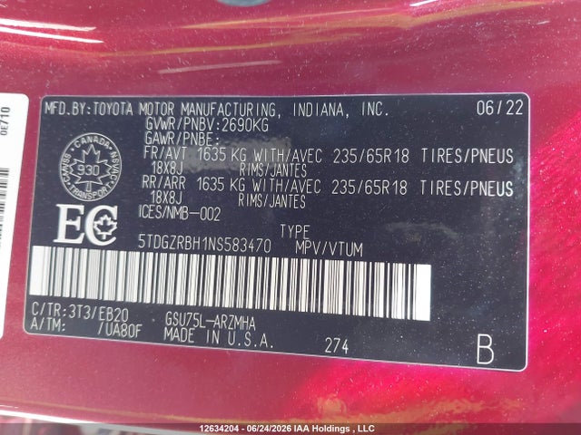 5TDGZRBH1NS583470 Toyota Highlander Xle