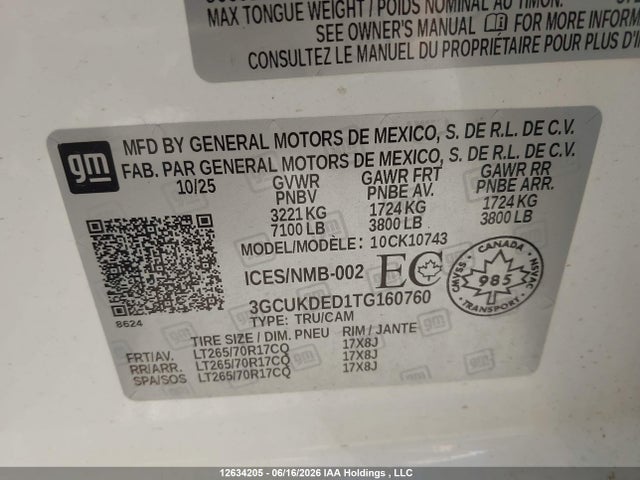 12634205 :رقم المزاد ، 3GCUKDED1TG160760 vin ، 2026 Chevrolet Silverado K1500 Lt مزاد بيع