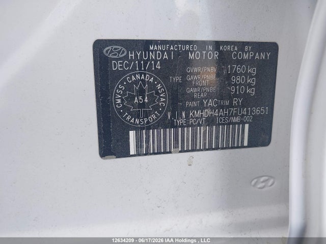 12634209 :رقم المزاد ، KMHDH4AH7FU413651 vin ، 2015 Hyundai Elantra Se/sport/limited مزاد بيع