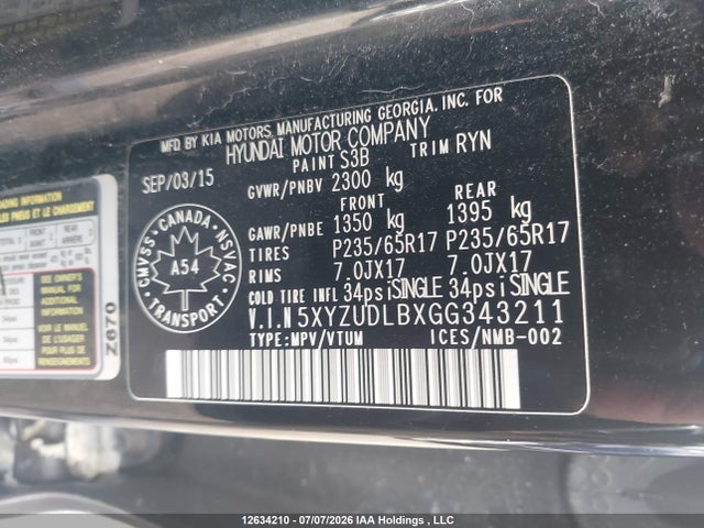 2016 Hyundai Santa Fe მანქანა იყიდება აუქციონზე, vin: 5XYZUDLBXGG343211, აუქციონის ნომერი: 12634210