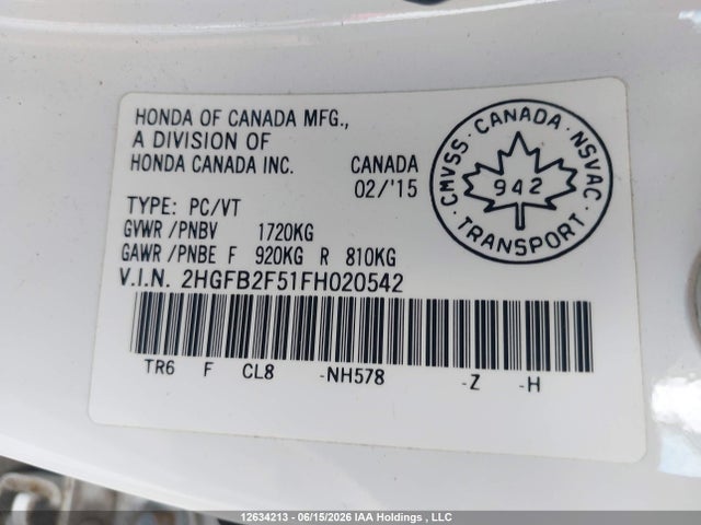Honda Civic Lx 2015 2HGFB2F51FH020542 Image 9