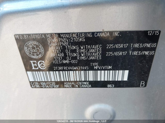 2T3RFREV4GW431445 Toyota Rav4 Xle