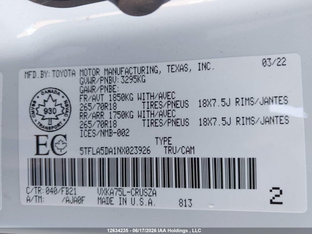 5TFLA5DA1NX023926 Toyota Tundra Double Cab Sr/double Cab Sr5