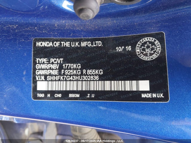 2017 Honda Civic Sport მანქანა იყიდება აუქციონზე, vin: SHHFK7G43HU302836, აუქციონის ნომერი: 12634237