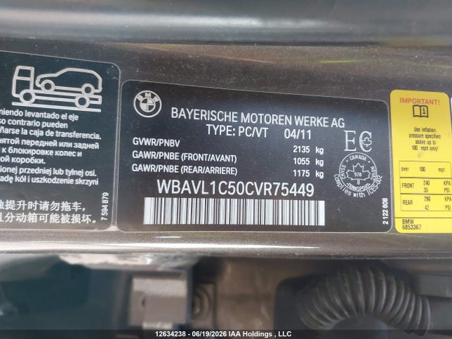 12634238 :رقم المزاد ، WBAVL1C50CVR75449 vin ، 2012 Bmw X1 Xdrive28i مزاد بيع