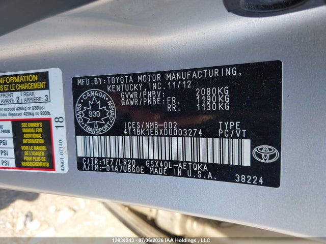 2013 Toyota Avalon Xle მანქანა იყიდება აუქციონზე, vin: 4T1BK1EBXDU003274, აუქციონის ნომერი: 12634243