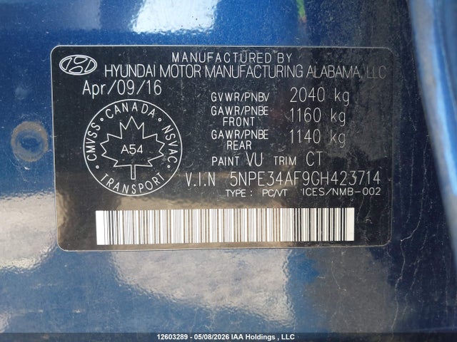 12603289 :رقم المزاد ، 5NPE34AF9GH423714 vin ، 2016 Hyundai Sonata Limited مزاد بيع