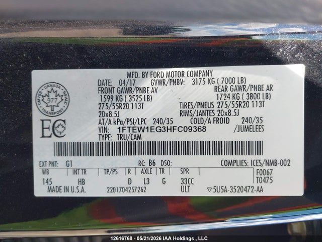 12616768 :رقم المزاد ، 1FTEW1EG3HFC09368 vin ، 2017 Ford F-150 Lariat مزاد بيع