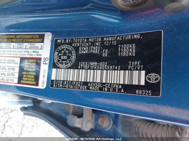 2016 Toyota Camry Xse მანქანა იყიდება აუქციონზე, vin: 4T1BF1FK5GU559743, აუქციონის ნომერი: 12634265