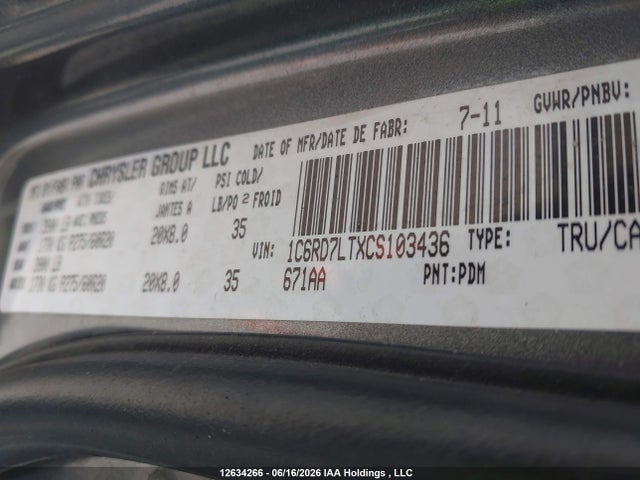 Aukcja sprzedaży 2012 Ram 1500 Slt, vin: 1C6RD7LTXCS103436, numer aukcji: 12634266