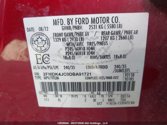 Продаж на аукціоні авто 2013 Ford Edge Sel, vin: 2FMDK4JC0DBA91721, номер лоту: 12620044