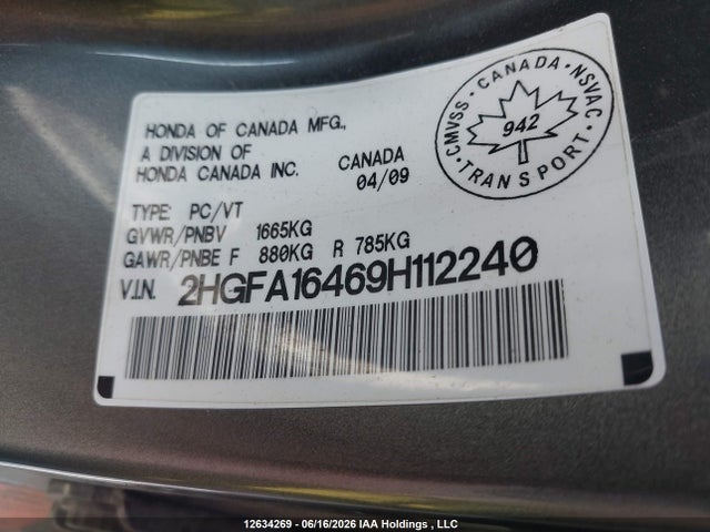 Продажа на аукционе авто 2009 Honda Civic, vin: 2HGFA16469H112240, номер лота: 12634269