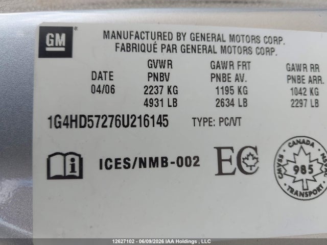 12627102 :رقم المزاد ، 1G4HD57276U216145 vin ، 2006 Buick Lucerne Cxl مزاد بيع