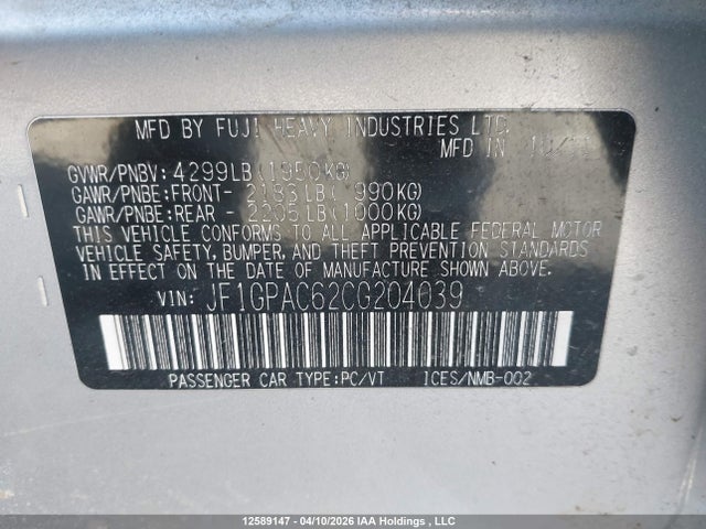 Aukcja sprzedaży 2012 Subaru Impreza 2.0i Touring Package, vin: JF1GPAC62CG204039, numer aukcji: 12589147