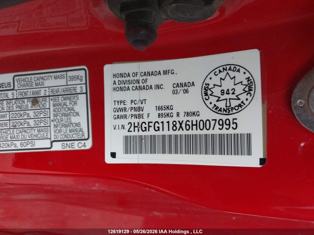 12619129 :رقم المزاد ، 2HGFG118X6H007995 vin ، 2006 Honda Civic Ex مزاد بيع