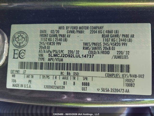 Продажа на аукционе авто 2020 Lincoln Corsair Reserve, vin: 5LMCJ2D92LUL14737, номер лота: 12625450