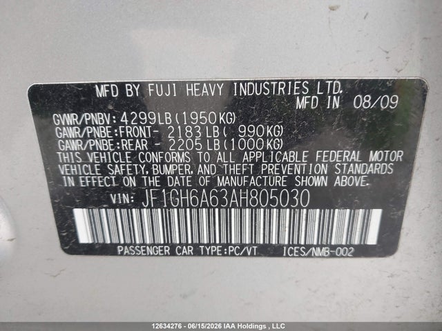 Aukcja sprzedaży 2010 Subaru Impreza 2.5 I/2.5 I Sport Package, vin: JF1GH6A63AH805030, numer aukcji: 12634276
