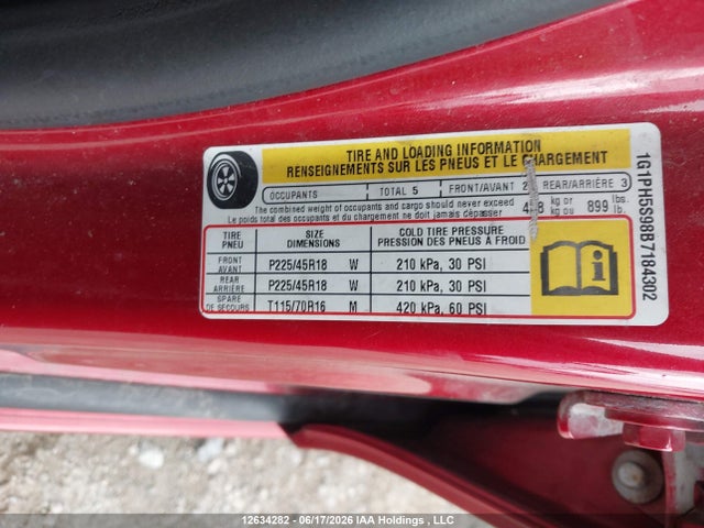 12634282 :رقم المزاد ، 1G1PH5S98B7184302 vin ، 2011 Chevrolet Cruze Ltz مزاد بيع