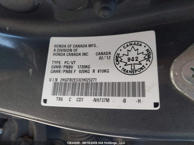 2012 Honda Civic Lx მანქანა იყიდება აუქციონზე, vin: 2HGFB2E53CH025271, აუქციონის ნომერი: 12634285