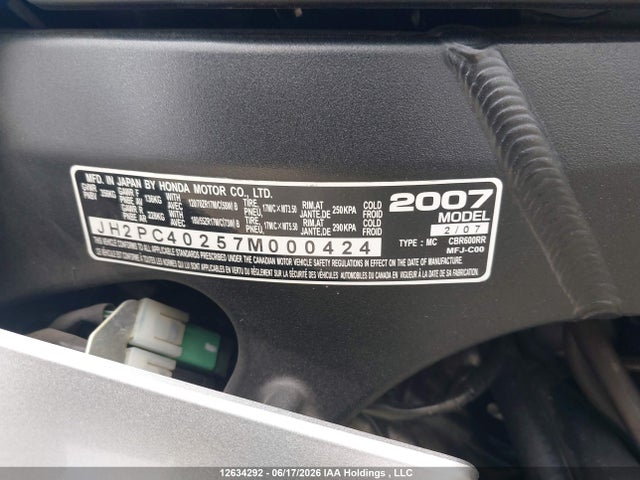 2007 Honda Cbr600 Rr მანქანა იყიდება აუქციონზე, vin: JH2PC40257M000424, აუქციონის ნომერი: 12634292