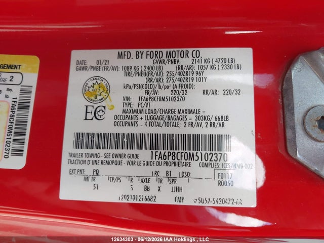 2021 Ford Mustang Gt Premium მანქანა იყიდება აუქციონზე, vin: 1FA6P8CF0M5102370, აუქციონის ნომერი: 12634303
