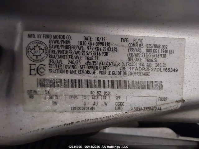 12634305 :رقم المزاد ، 1FADP3F27DL165349 vin ، 2013 Ford Focus Se مزاد بيع