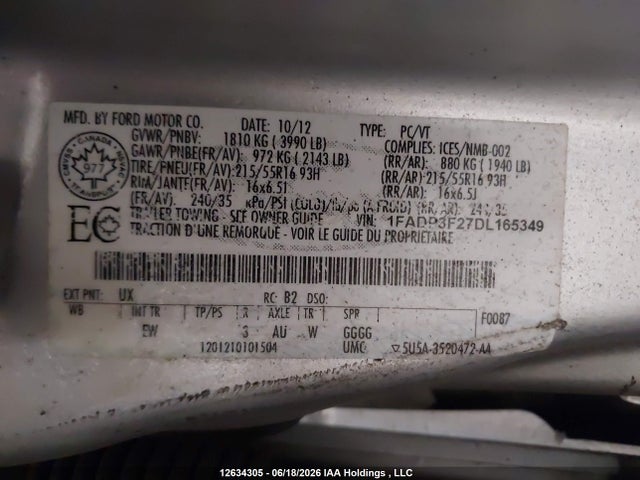 12634305 :رقم المزاد ، 1FADP3F27DL165349 vin ، 2013 Ford Focus Se مزاد بيع