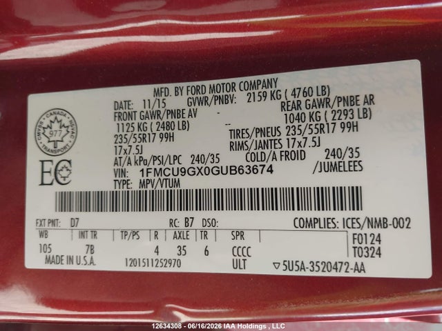 1FMCU9GX0GUB63674 Ford ESCAPE SE