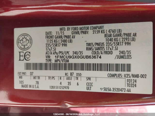 1FMCU9GX0GUB63674 Ford ESCAPE SE