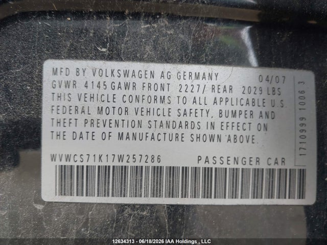 12634313 :رقم المزاد ، WVWCS71K17W257286 vin ، 2007 Volkswagen Rabbit مزاد بيع