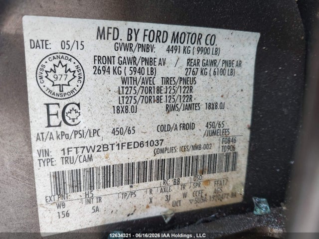 12634321 :رقم المزاد ، 1FT7W2BT1FED61037 vin ، 2015 Ford F-250 Lariat/xl/xlt مزاد بيع