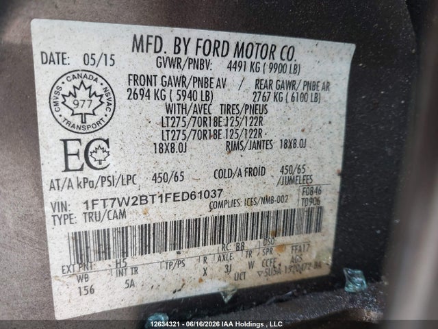 12634321 :رقم المزاد ، 1FT7W2BT1FED61037 vin ، 2015 Ford F-250 Lariat/xl/xlt مزاد بيع