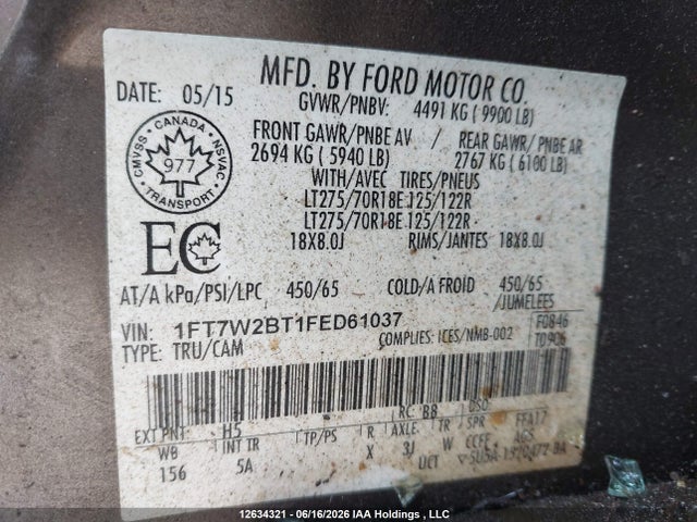 12634321 :رقم المزاد ، 1FT7W2BT1FED61037 vin ، 2015 Ford F-250 Lariat/xl/xlt مزاد بيع