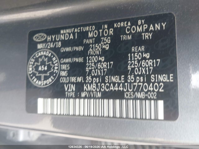 Продаж на аукціоні авто 2018 Hyundai Tucson Limited/sport And Eco/se, vin: KM8J3CA44JU770402, номер лоту: 12634326