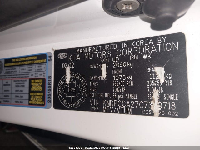 12634333 :رقم المزاد ، KNDPCCA27C7300718 vin ، 2012 Kia Sportage Ex مزاد بيع