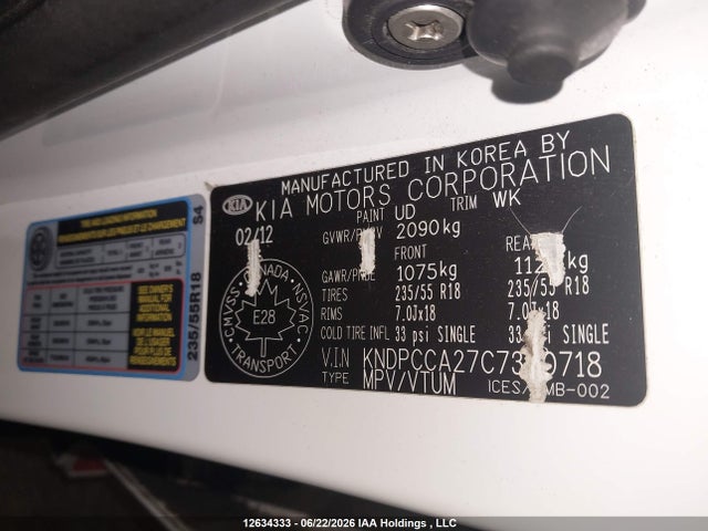 12634333 :رقم المزاد ، KNDPCCA27C7300718 vin ، 2012 Kia Sportage Ex مزاد بيع