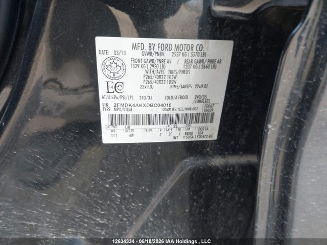 12634334 :رقم المزاد ، 2FMDK4AKXDBC04016 vin ، 2013 Ford Edge Sport مزاد بيع