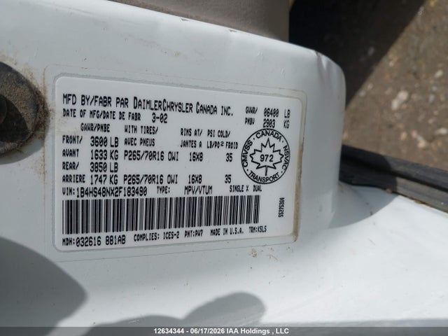 2002 Dodge Durango Slt მანქანა იყიდება აუქციონზე, vin: 1B4HS48NX2F183490, აუქციონის ნომერი: 12634344