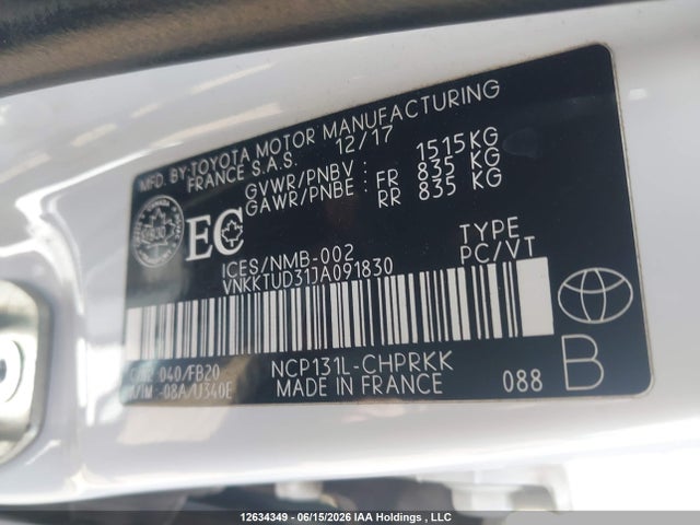 2018 Toyota Yaris Le მანქანა იყიდება აუქციონზე, vin: VNKKTUD31JA091830, აუქციონის ნომერი: 12634349