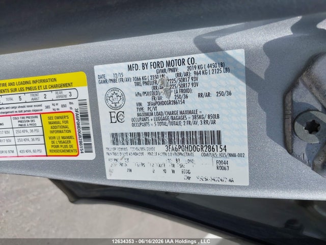 12634353 :رقم المزاد ، 3FA6P0HD0GR286154 vin ، 2016 Ford Fusion Se مزاد بيع