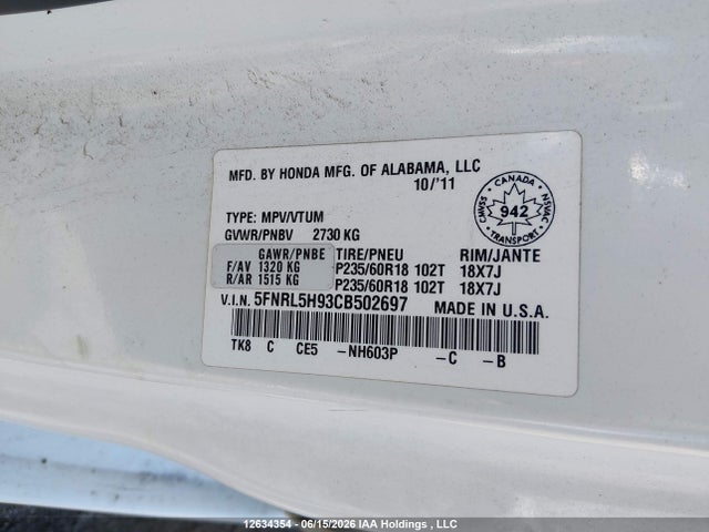 Aukcja sprzedaży 2012 Honda Odyssey Touring, vin: 5FNRL5H93CB502697, numer aukcji: 12634354