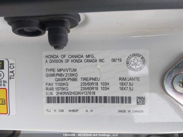 12634358 :رقم المزاد ، 2HKRW2H53KH137618 vin ، 2019 Honda Cr-v Ex مزاد بيع