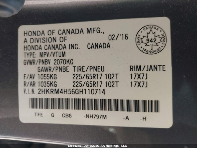 Honda CR-V EX 2016 2HKRM4H56GH110714 Image 9