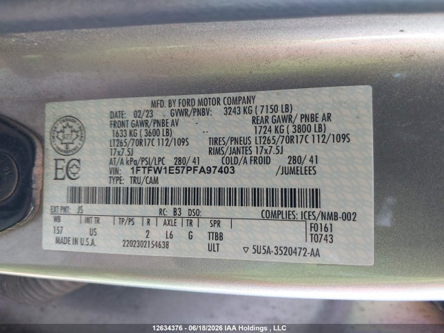 12634376 :رقم المزاد ، 1FTFW1E57PFA97403 vin ، 2023 Ford F-150 Xlt مزاد بيع