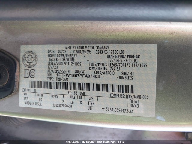 12634376 :رقم المزاد ، 1FTFW1E57PFA97403 vin ، 2023 Ford F-150 Xlt مزاد بيع