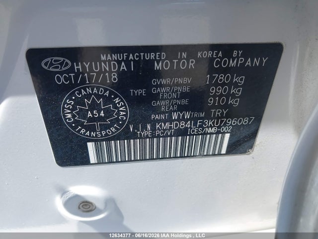 12634377 :رقم المزاد ، KMHD84LF3KU796087 vin ، 2019 Hyundai Elantra Sel/value/limited مزاد بيع
