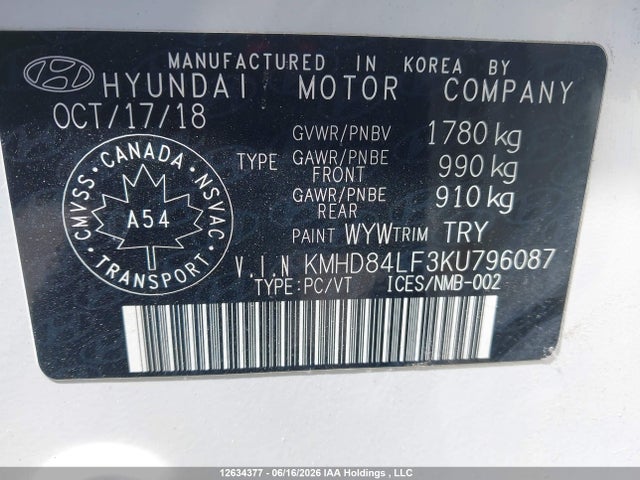 12634377 :رقم المزاد ، KMHD84LF3KU796087 vin ، 2019 Hyundai Elantra Sel/value/limited مزاد بيع