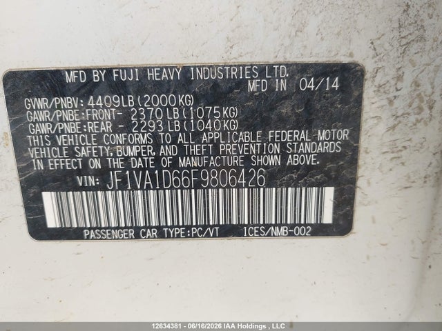 Продажа на аукционе авто 2015 Subaru Wrx Sport Package, vin: JF1VA1D66F9806426, номер лота: 12634381