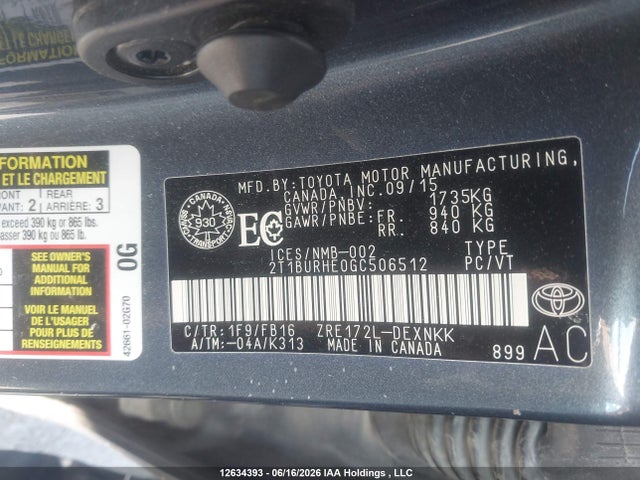 Продажа на аукционе авто 2016 Toyota Corolla Le, vin: 2T1BURHE0GC506512, номер лота: 12634393